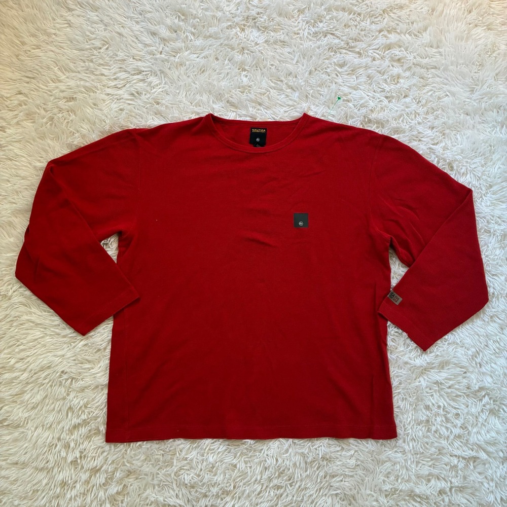 90s Nautica Competition Mens Red Waffle Knit Thermal Long Sleeve Shirt Large USA